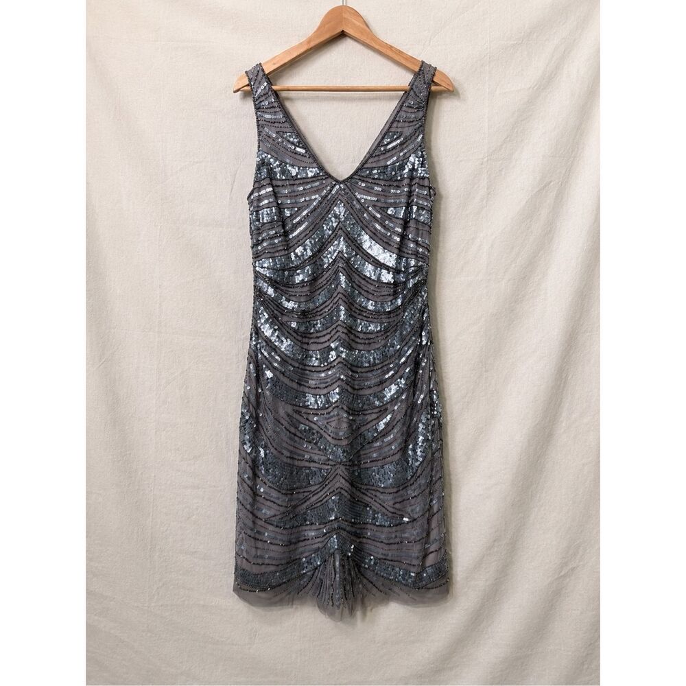 Patra Sequin Beaded Cocktail Dress Gray Silver Art Deco Party Dress Size 10